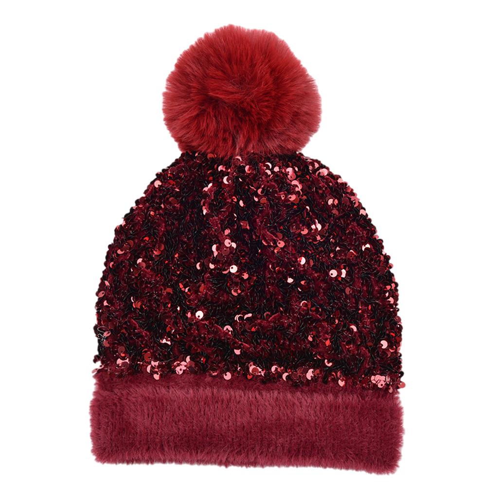 WOMENS LADIES KNIT WINTER POM POM SKI BEANIE HAT FLEECE LINING Wine red