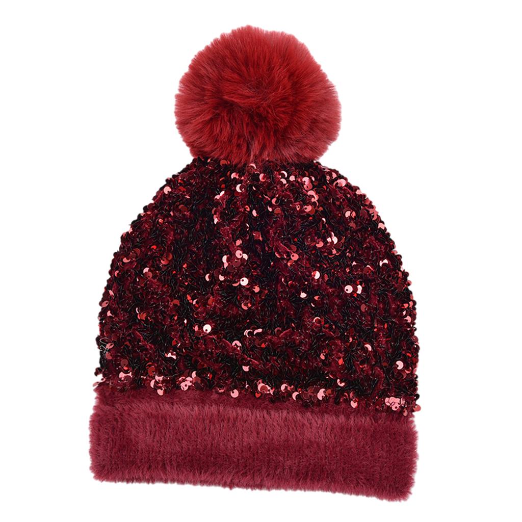 WOMENS LADIES KNIT WINTER POM POM SKI BEANIE HAT FLEECE LINING Wine red