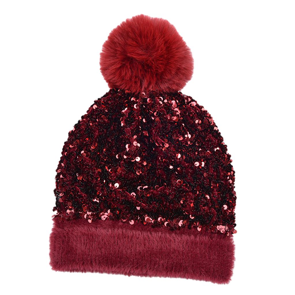 WOMENS LADIES KNIT WINTER POM POM SKI BEANIE HAT FLEECE LINING Wine red
