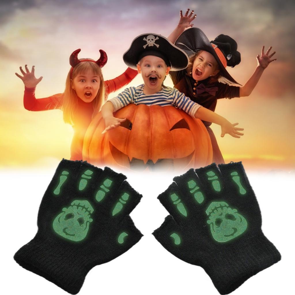 Halloween Skeleton Half Finger Gloves Winter for Cosplay Kids Skull paw