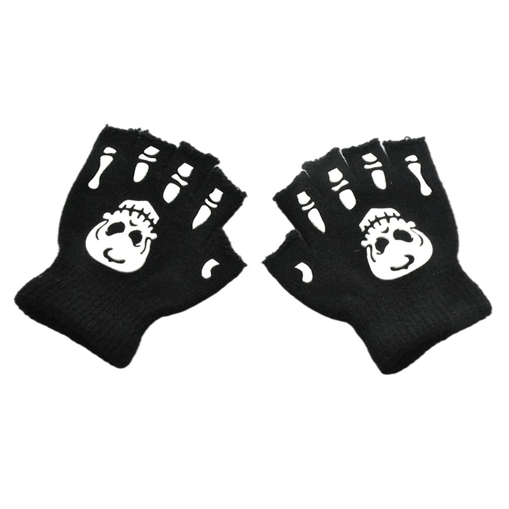 Halloween Skeleton Half Finger Gloves Winter for Cosplay Kids Skull paw