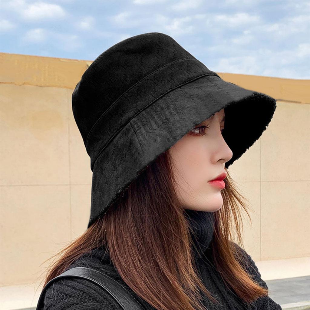Winter Bucket Hat Warm Faux Fur Wool Elegant for Autumn Winter Hat Black