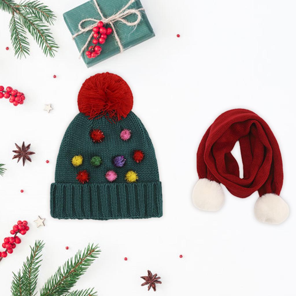 Winter Children Hat with Pom for Boys Girls Colorful Balls Hat Scarf Set
