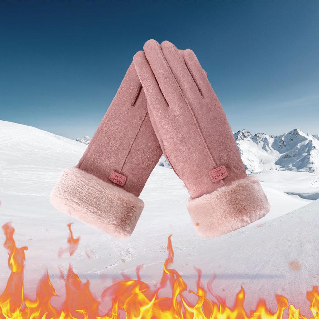 Women Gloves Full Finger Mittens Winter Windproof Gloves for Cycling Hiking Pink
