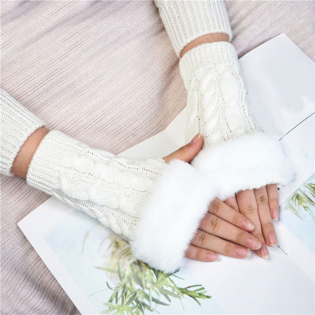 Women Gloves Half Finger Mittens Winter Windproof Gloves for Cycling Hiking White