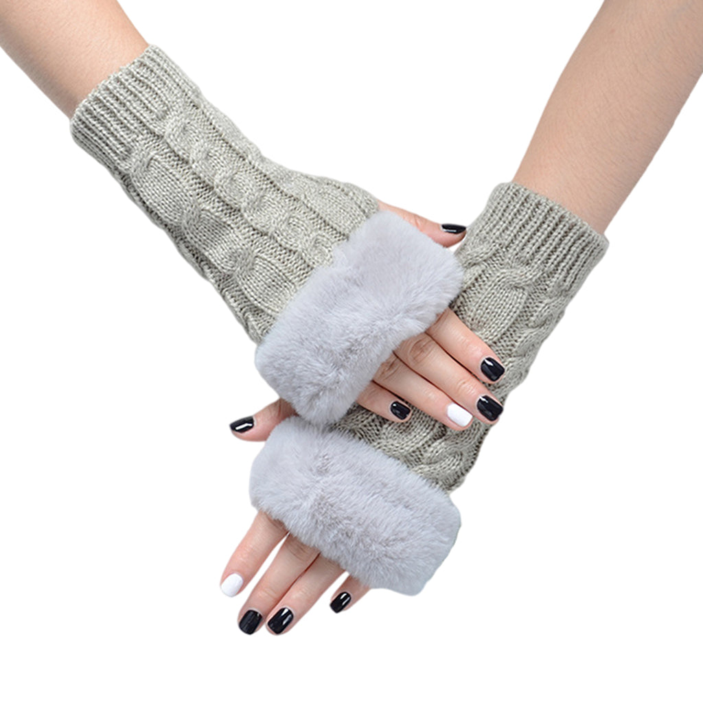 Women Gloves Half Finger Mittens Winter Windproof Gloves for Cycling Hiking Light Gray