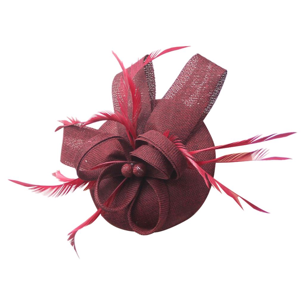 Women Bow Feather Headband Fascinator Hat Weddings Ladies Day Wine red