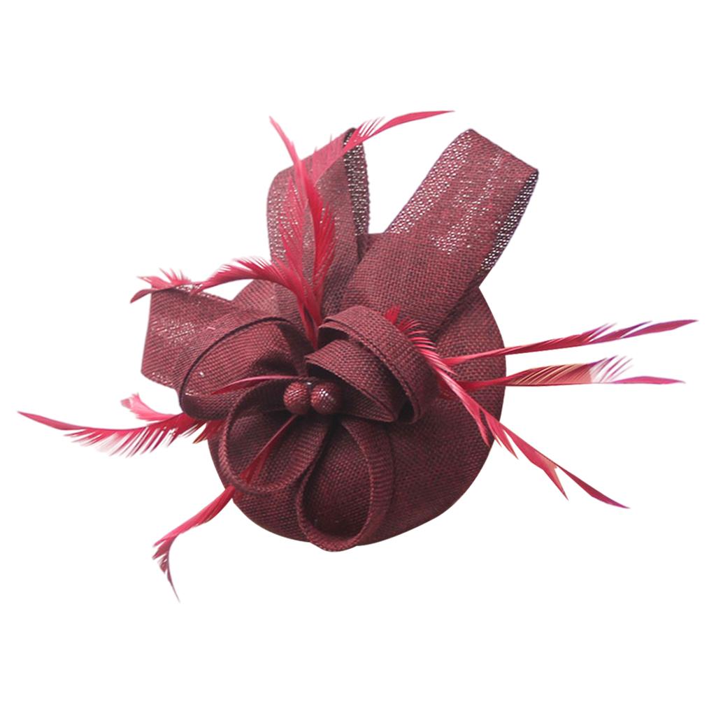 Women Bow Feather Headband Fascinator Hat Weddings Ladies Day Wine red