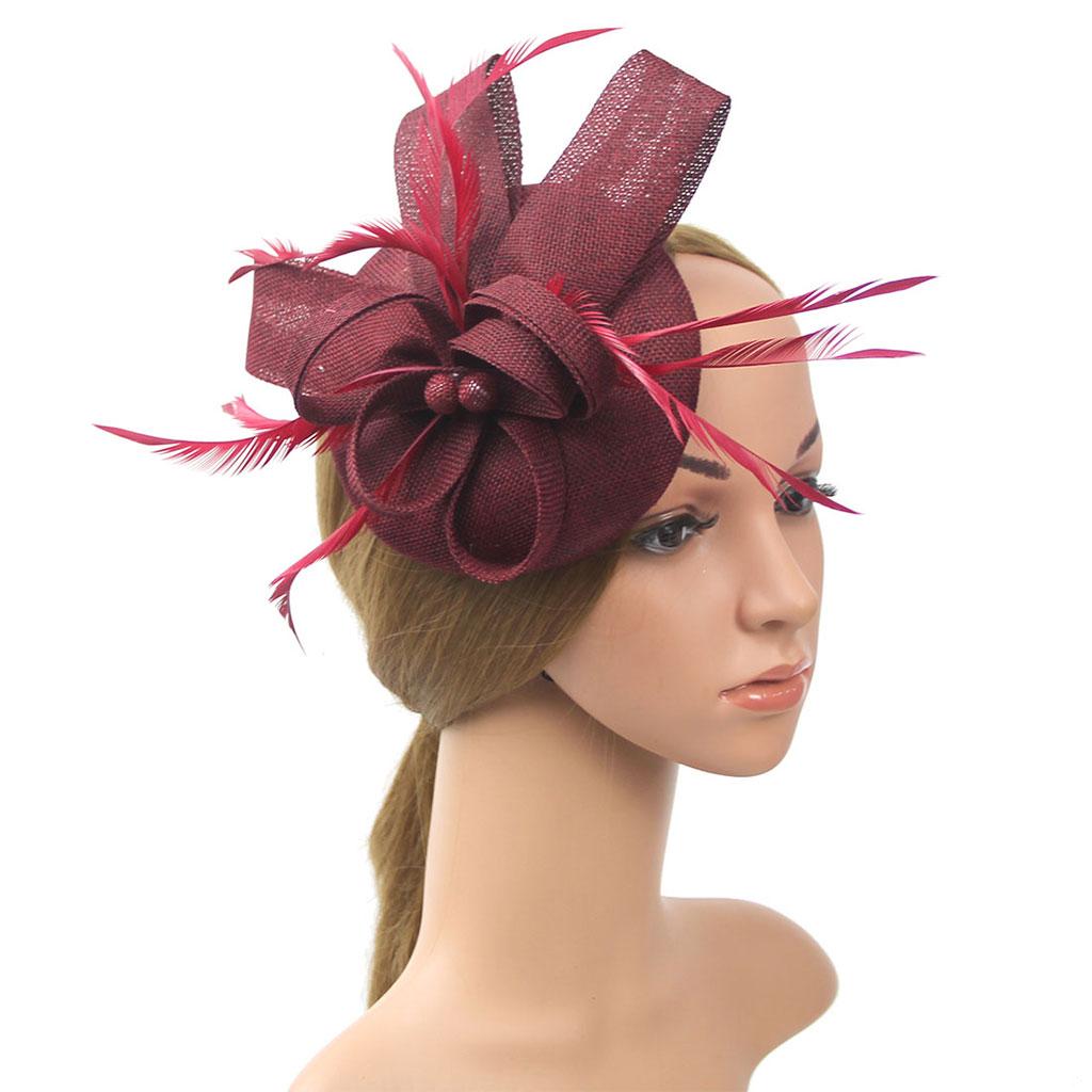 Women Bow Feather Headband Fascinator Hat Weddings Ladies Day Wine red