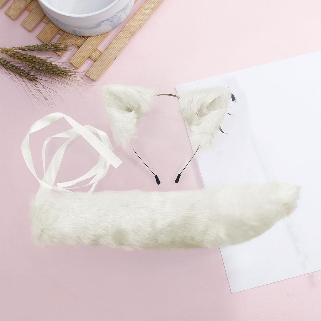 2xPlush Faux Fur Cat Ears and Tail Set Halloween Fancy Dress Cosplay Costume White