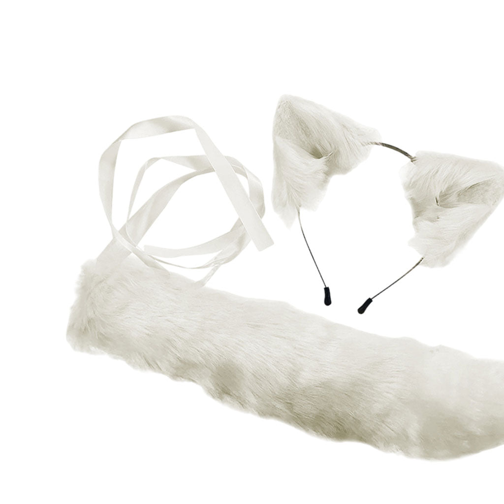 2xPlush Faux Fur Cat Ears and Tail Set Halloween Fancy Dress Cosplay Costume White