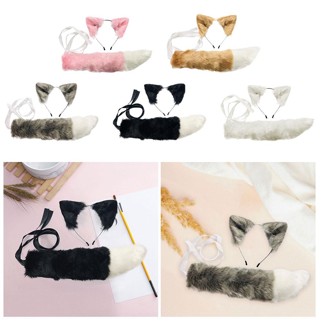 2xPlush Faux Fur Cat Ears and Tail Set Halloween Fancy Dress Cosplay Costume White