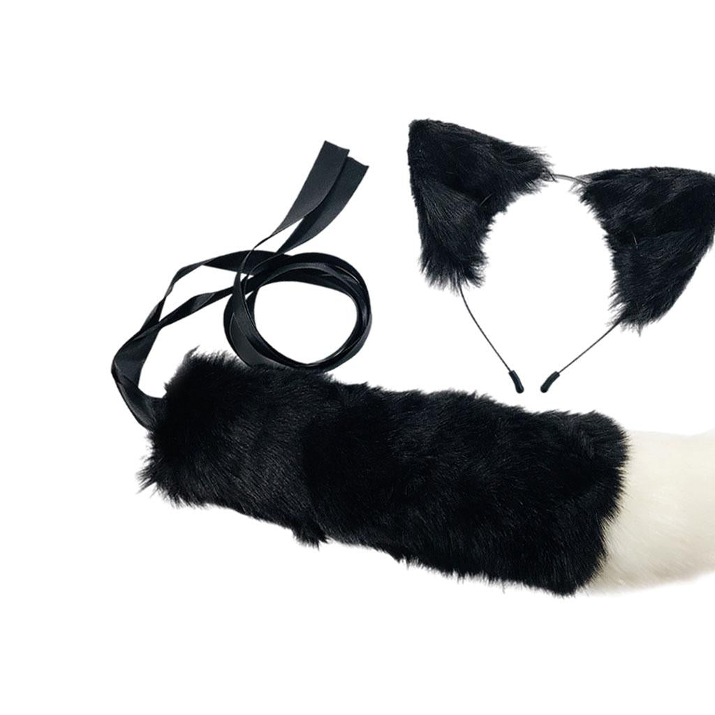 2xPlush Faux Fur Cat Ears and Tail Set Halloween Fancy Dress Cosplay Costume Black