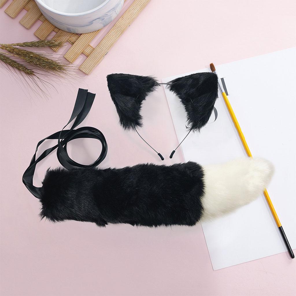 2xPlush Faux Fur Cat Ears and Tail Set Halloween Fancy Dress Cosplay Costume Black