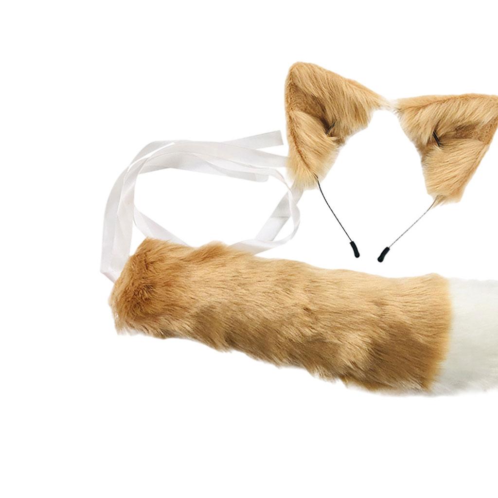 2xPlush Faux Fur Cat Ears and Tail Set Halloween Fancy Dress Cosplay Costume Khaki
