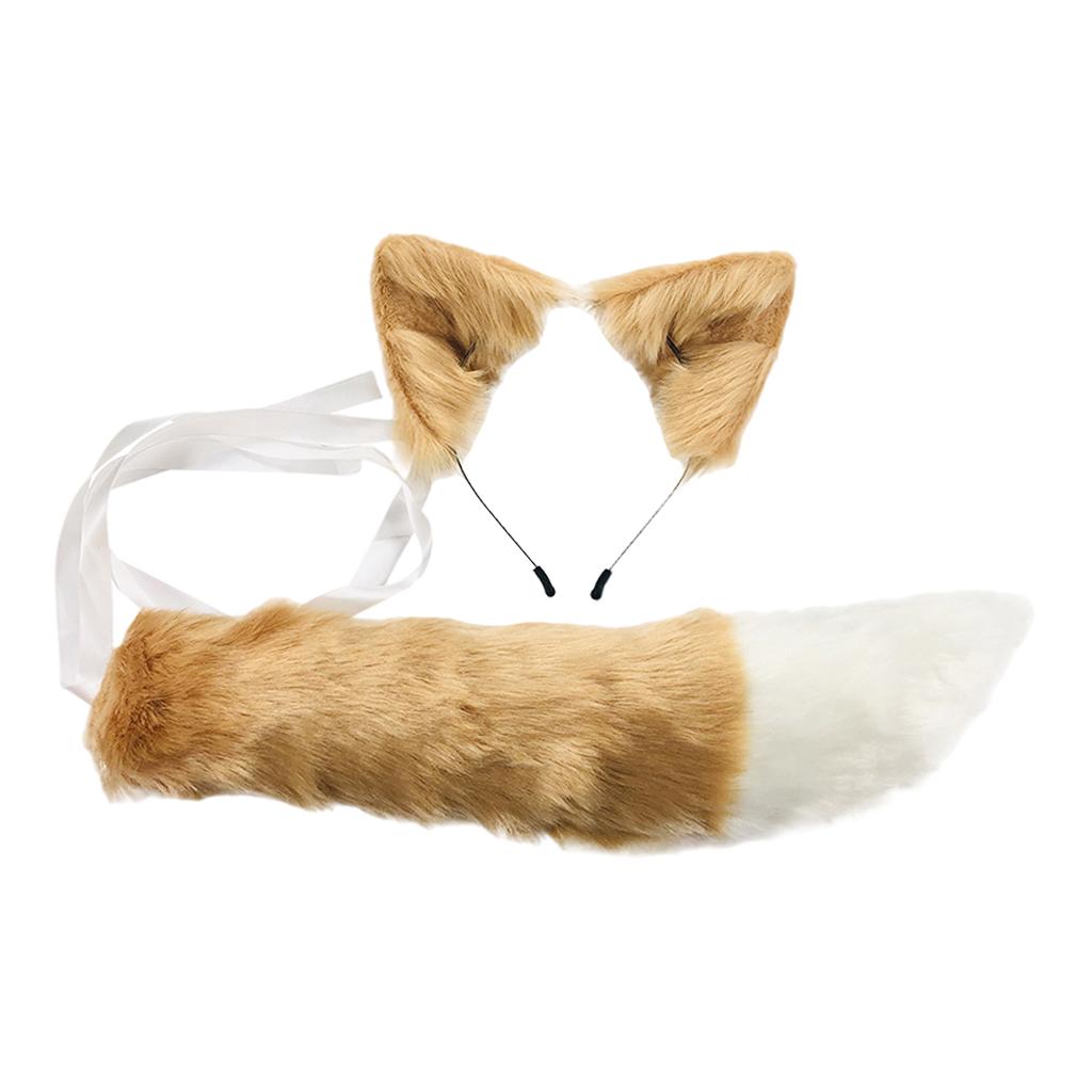 2xPlush Faux Fur Cat Ears and Tail Set Halloween Fancy Dress Cosplay Costume Khaki