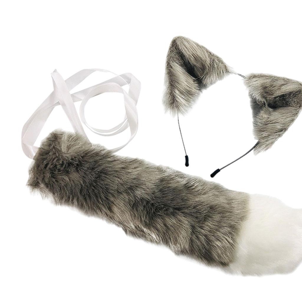 2xPlush Faux Fur Cat Ears and Tail Set Halloween Fancy Dress Cosplay Costume Gray