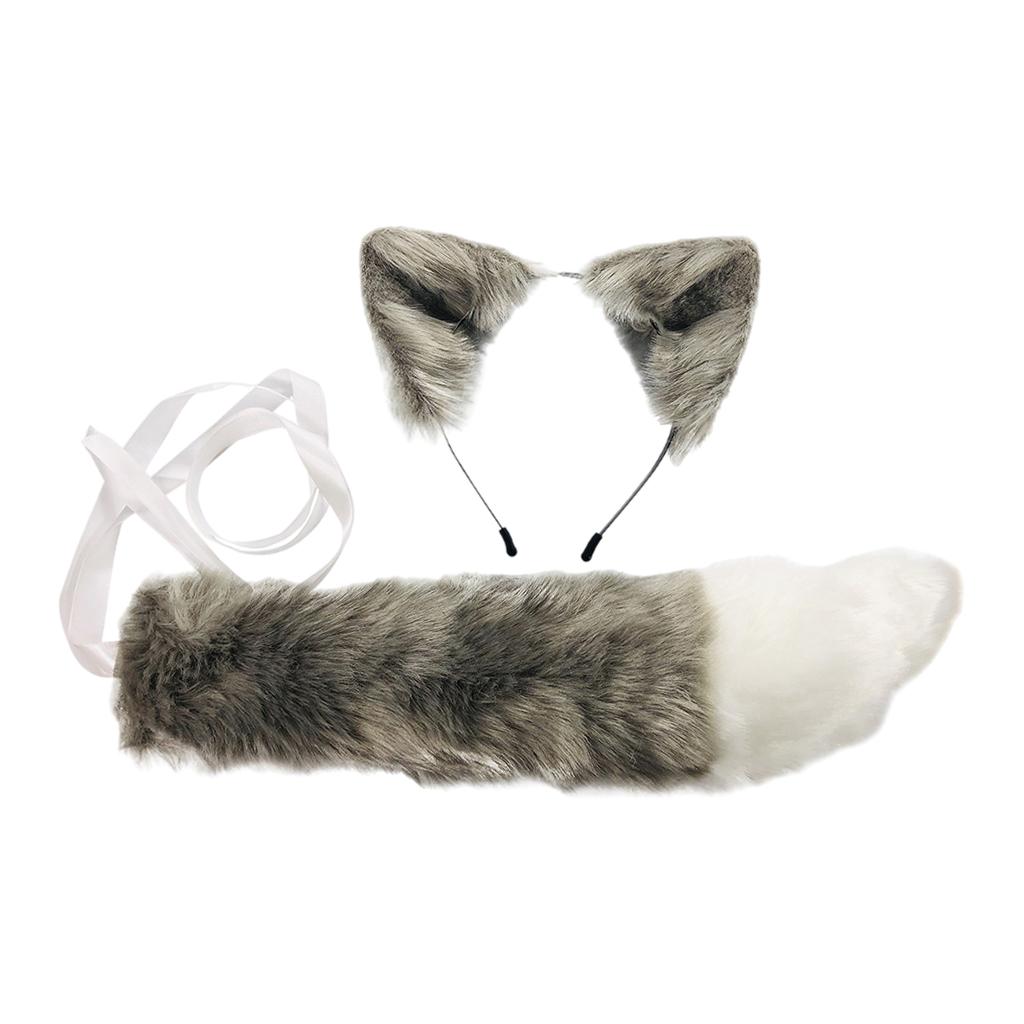 2xPlush Faux Fur Cat Ears and Tail Set Halloween Fancy Dress Cosplay Costume Gray