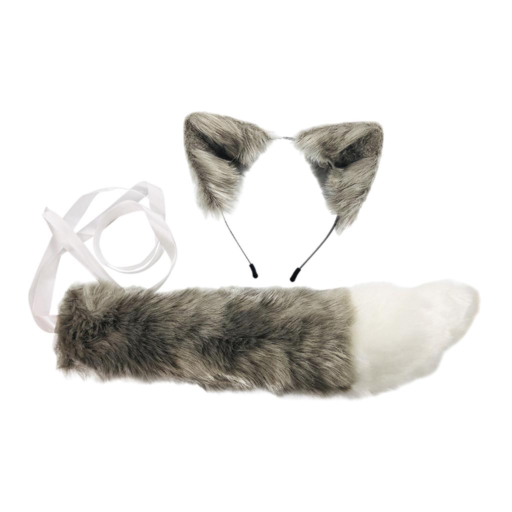 2xPlush Faux Fur Cat Ears and Tail Set Halloween Fancy Dress Cosplay Costume Gray