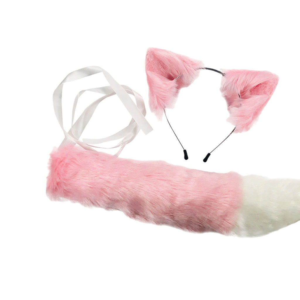 2xPlush Faux Fur Cat Ears and Tail Set Halloween Fancy Dress Cosplay Costume Pink