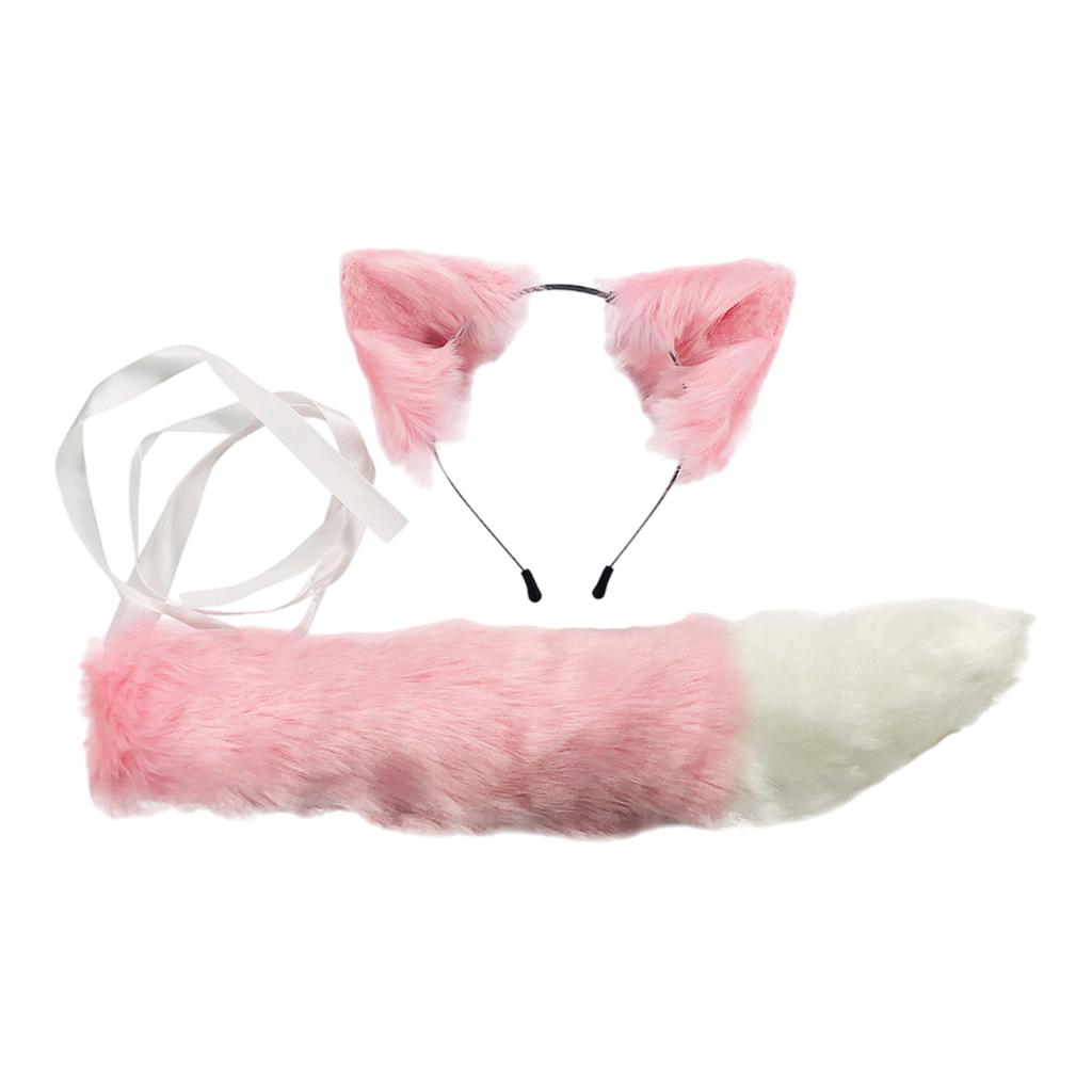 2xPlush Faux Fur Cat Ears and Tail Set Halloween Fancy Dress Cosplay Costume Pink
