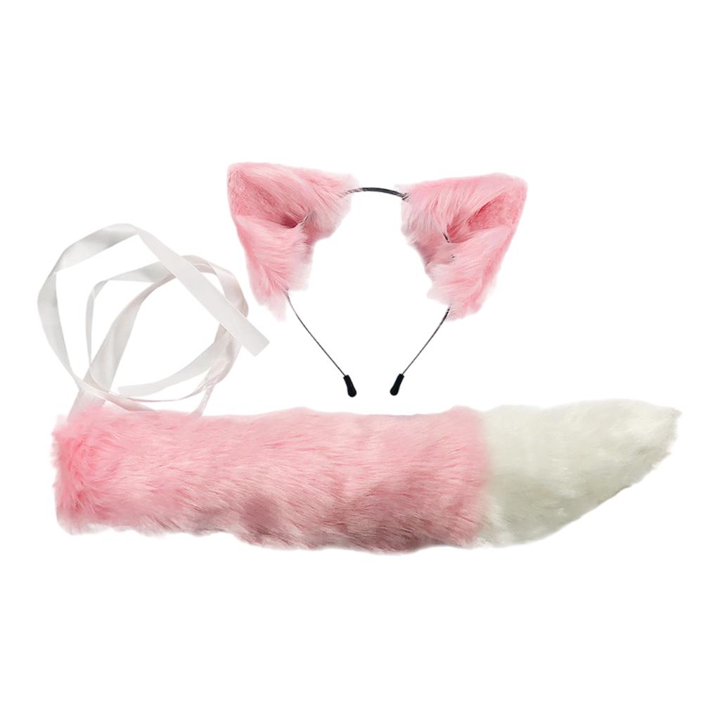 2xPlush Faux Fur Cat Ears and Tail Set Halloween Fancy Dress Cosplay Costume Pink