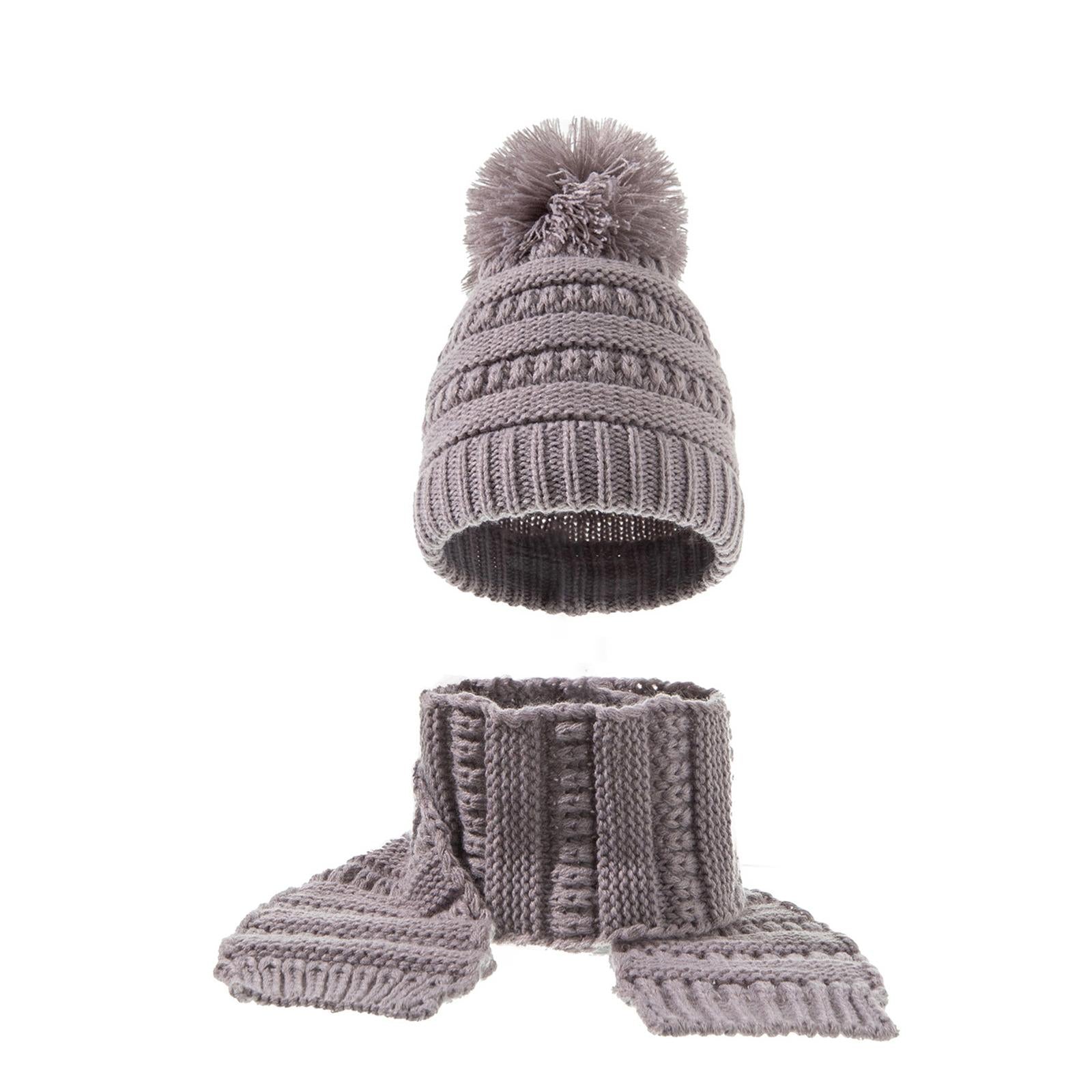 2Pcs Baby Winter Warm Hat Kids Knit Beanie Scarf Set Windproof Gray 2PCS
