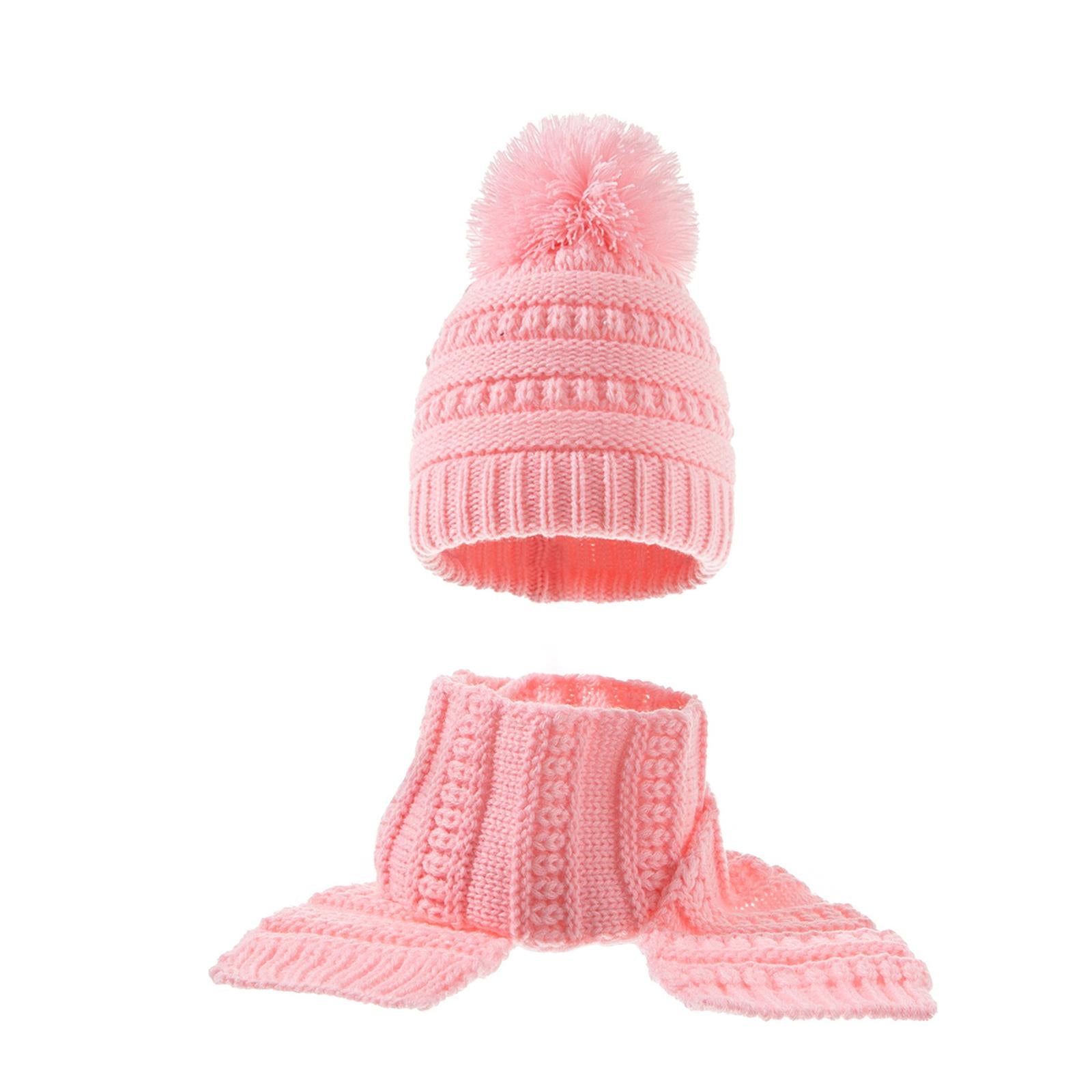 2Pcs Baby Winter Warm Hat Kids Knit Beanie Scarf Set Windproof Pink 2PCS