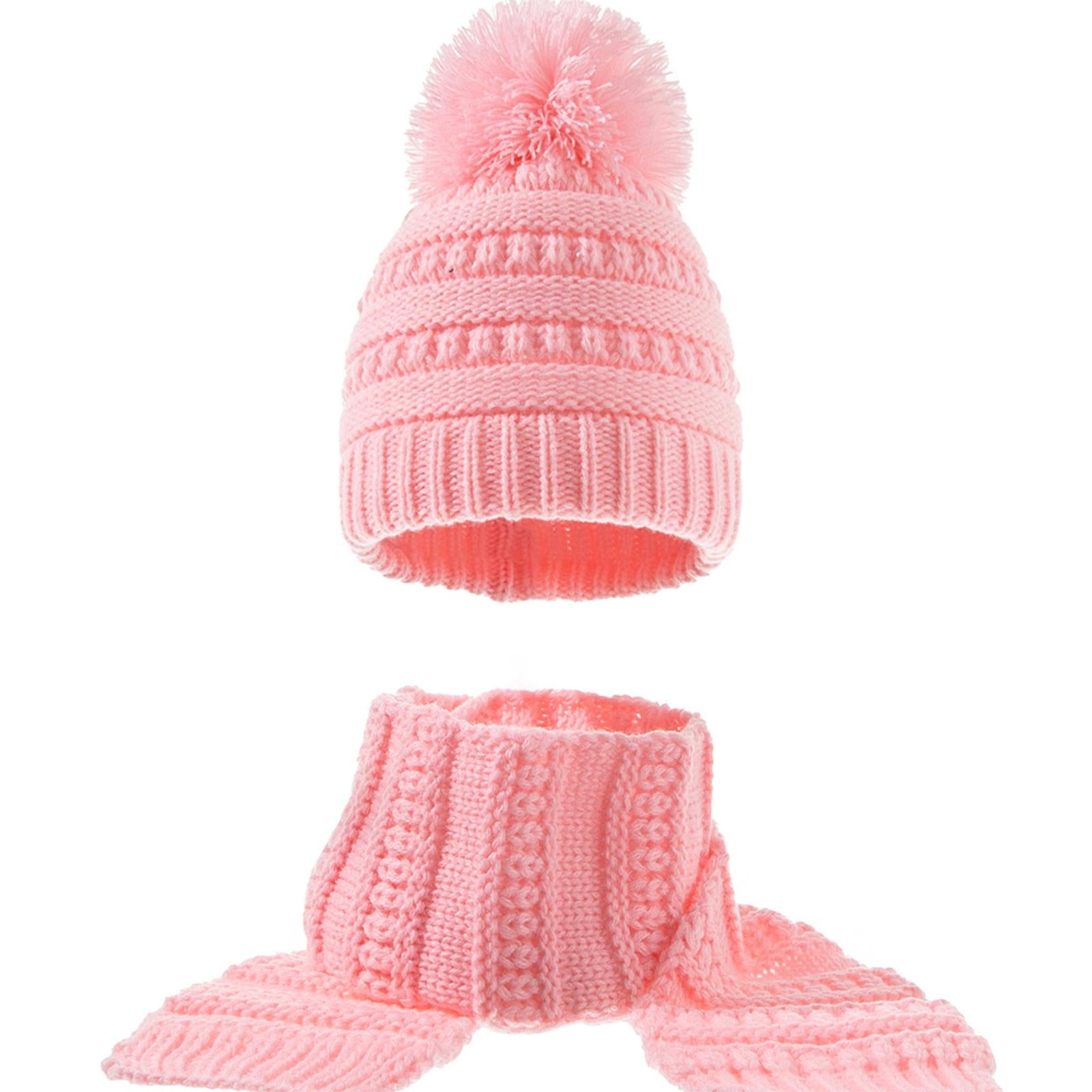 2Pcs Baby Winter Warm Hat Kids Knit Beanie Scarf Set Windproof Pink 2PCS