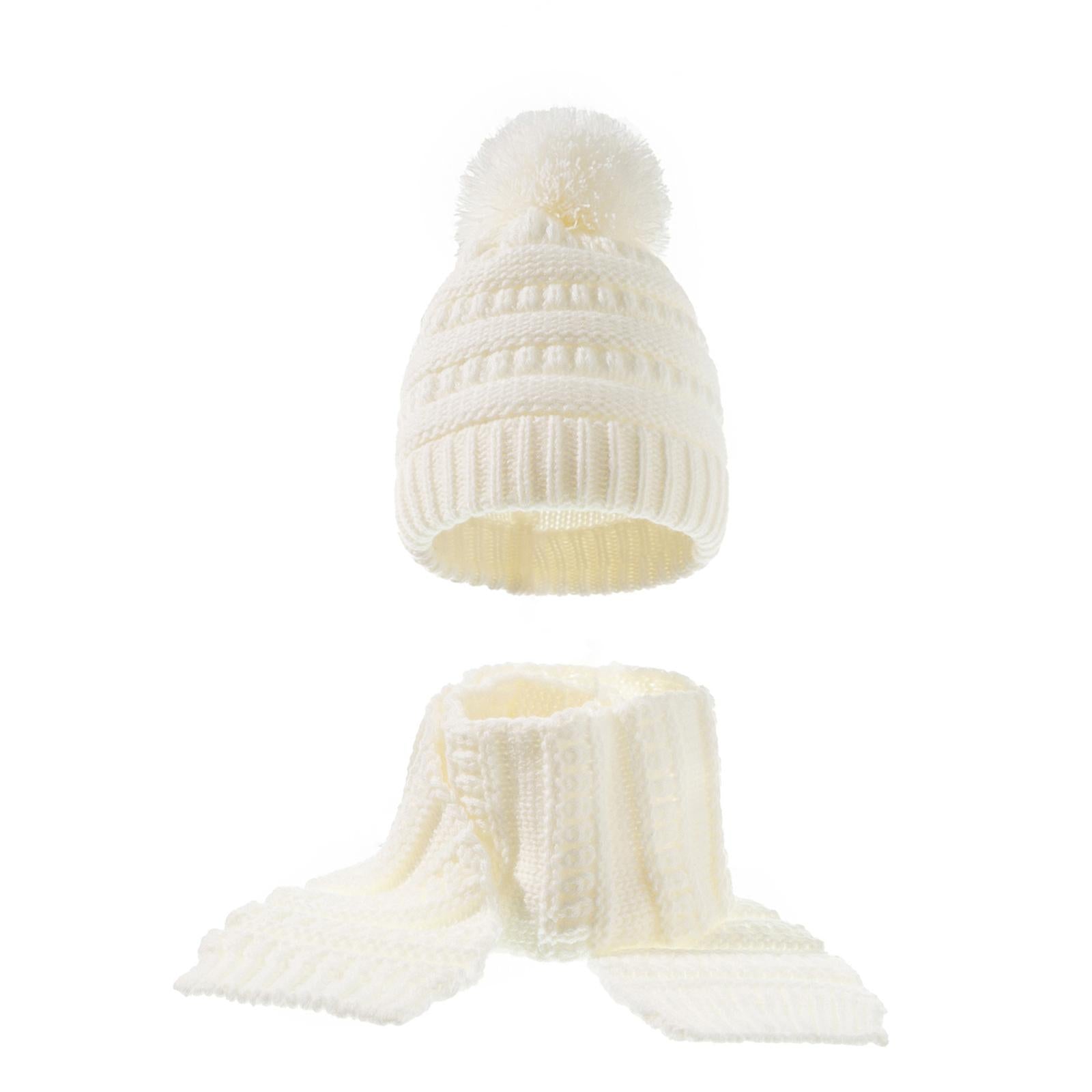 2Pcs Baby Winter Warm Hat Kids Knit Beanie Scarf Set Windproof White 2PCS