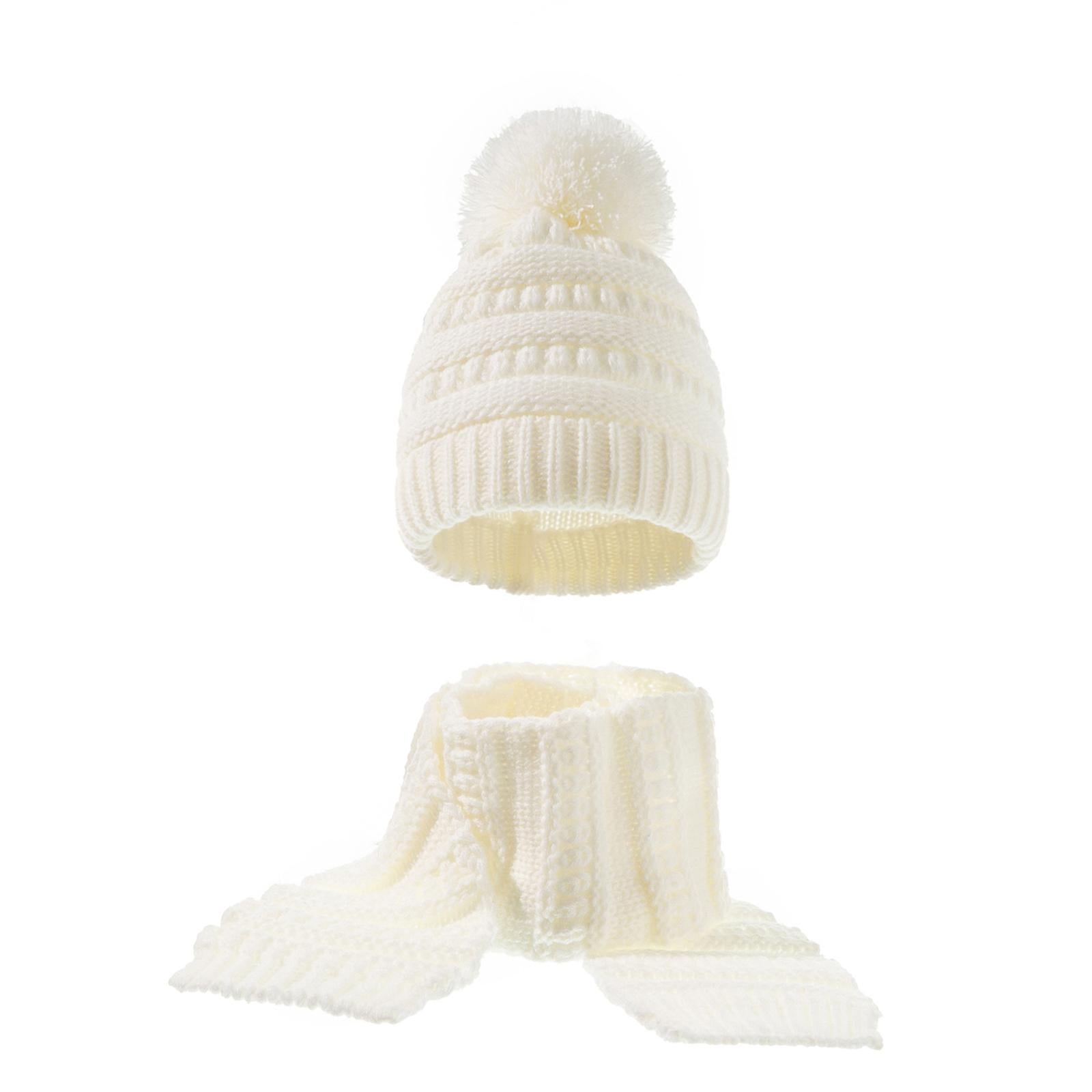 2Pcs Baby Winter Warm Hat Kids Knit Beanie Scarf Set Windproof White 2PCS