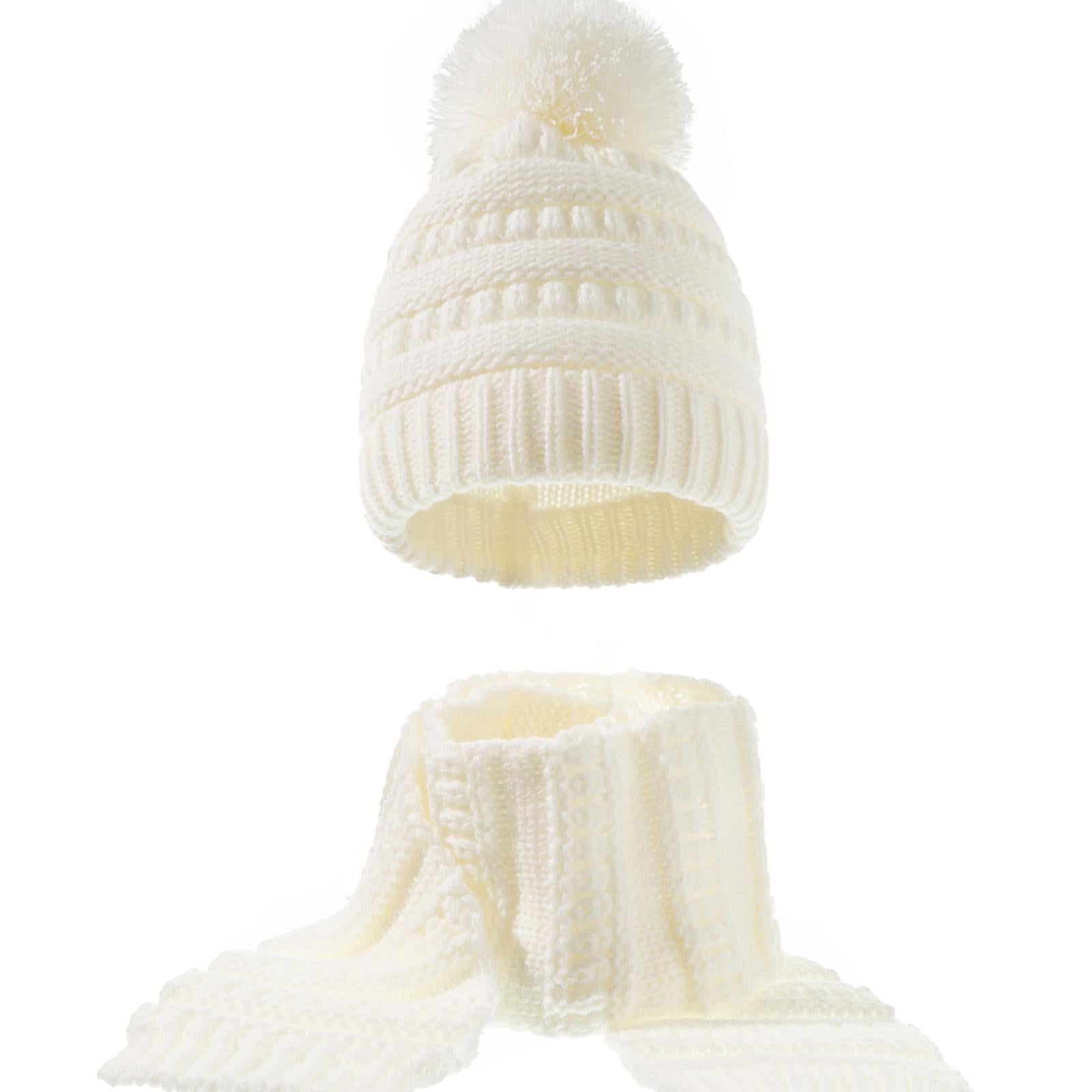 2Pcs Baby Winter Warm Hat Kids Knit Beanie Scarf Set Windproof White 2PCS