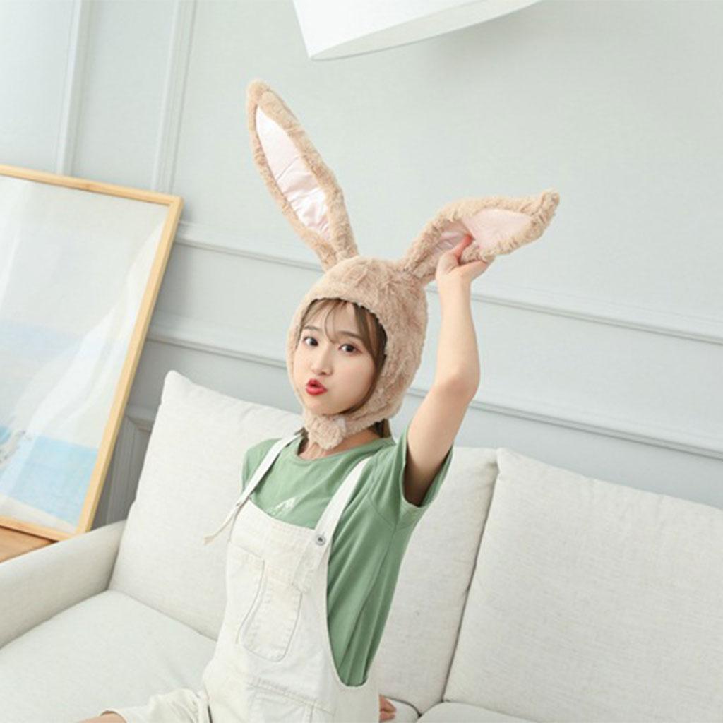 Cute Rabbit Hat with Adjustable Ears Warm Animal Soft Plush Light Brown