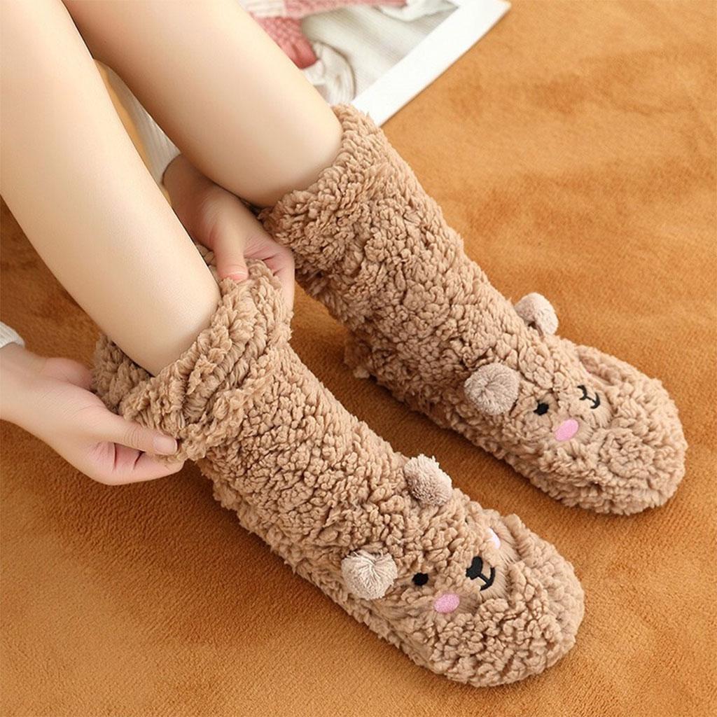 Coral Fleece Socks Thick Little Bear Warm Cozy for Work Sleeping Winter Brown