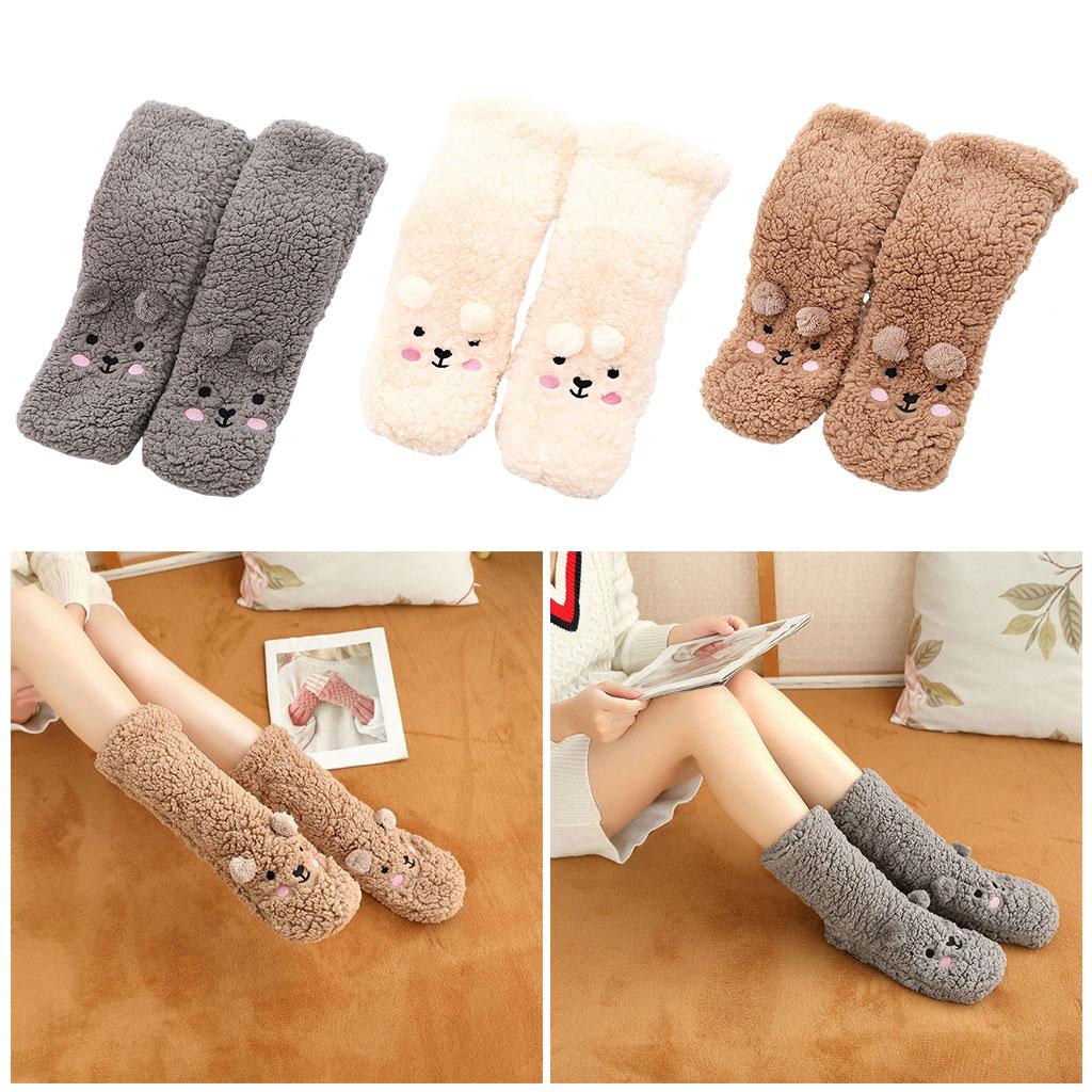 Coral Fleece Socks Thick Little Bear Warm Cozy for Work Sleeping Winter Brown