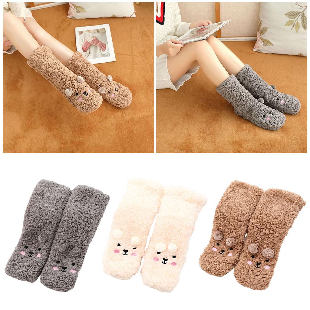 Coral Fleece Socks Thick Little Bear Warm Cozy for Work Sleeping Winter Brown