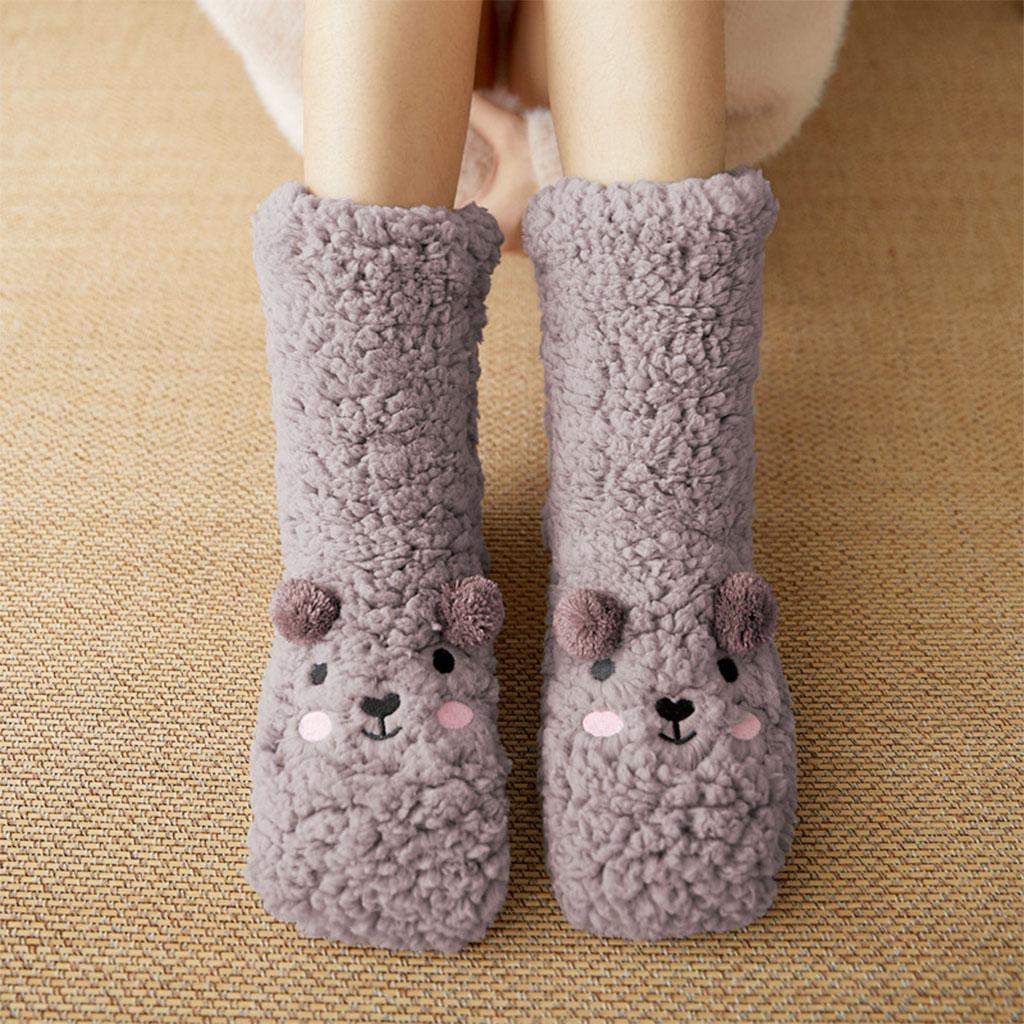Coral Fleece Socks Thick Little Bear Warm Cozy for Work Sleeping Winter Grey