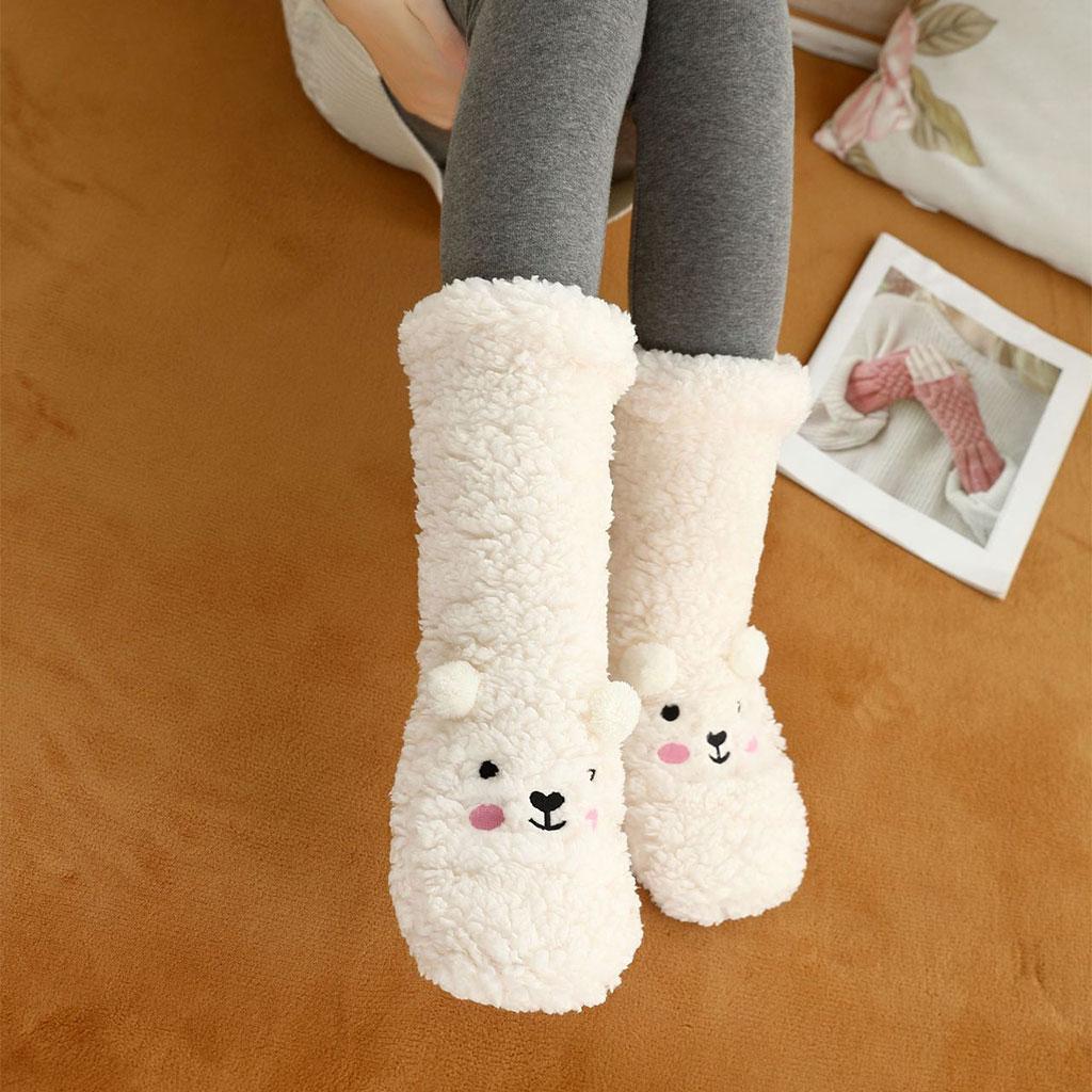 Coral Fleece Socks Thick Little Bear Warm Cozy for Work Sleeping Winter White