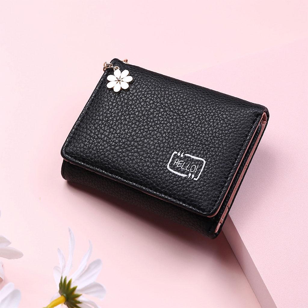 Women Wallet Mini Folding PU Leather Short with ID Window Coin Purse Black