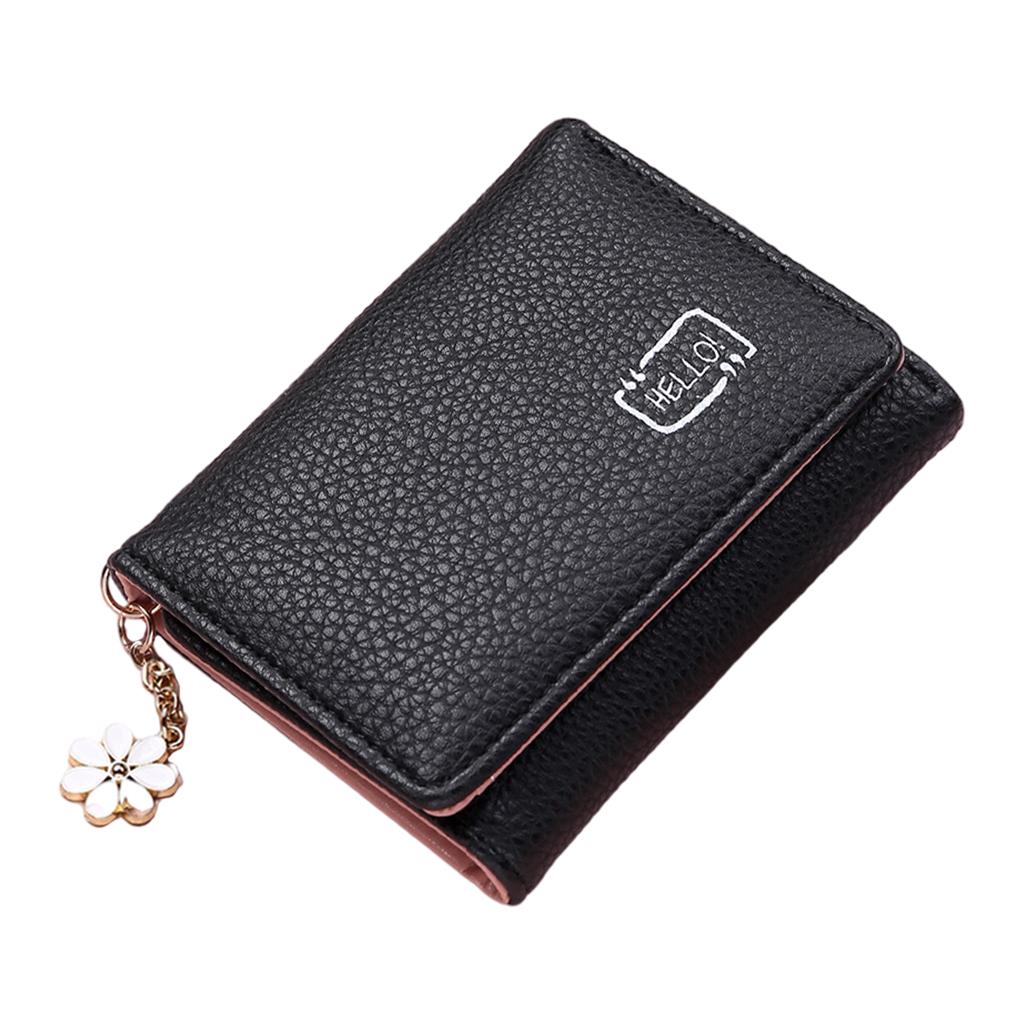 Women Wallet Mini Folding PU Leather Short with ID Window Coin Purse Black