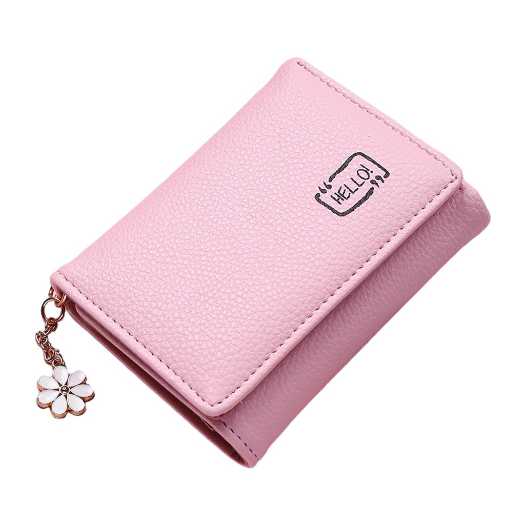 Women Wallet Mini Folding PU Leather Short with ID Window Coin Purse Pink