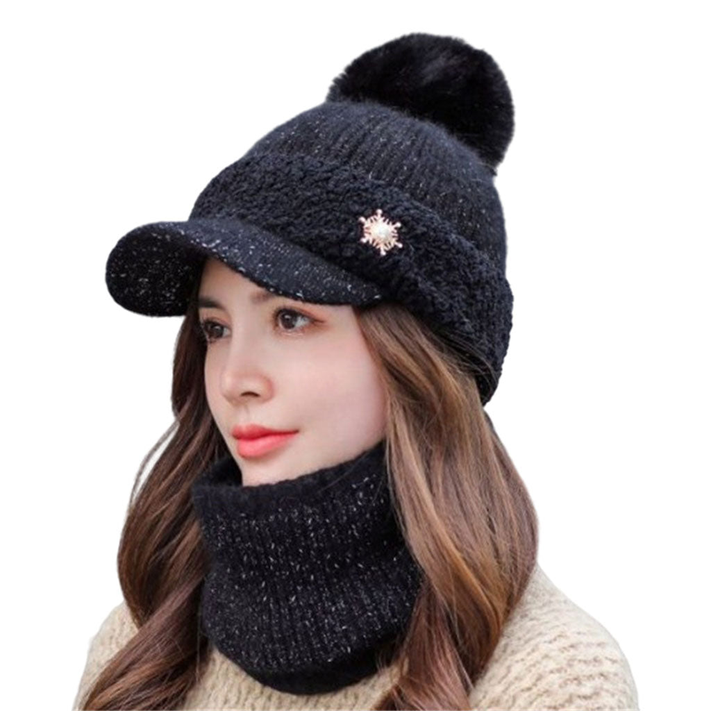 Warm Beanie Hat Scarf Set Skull Caps Knit Slouchy Snow Ski Cycling Black