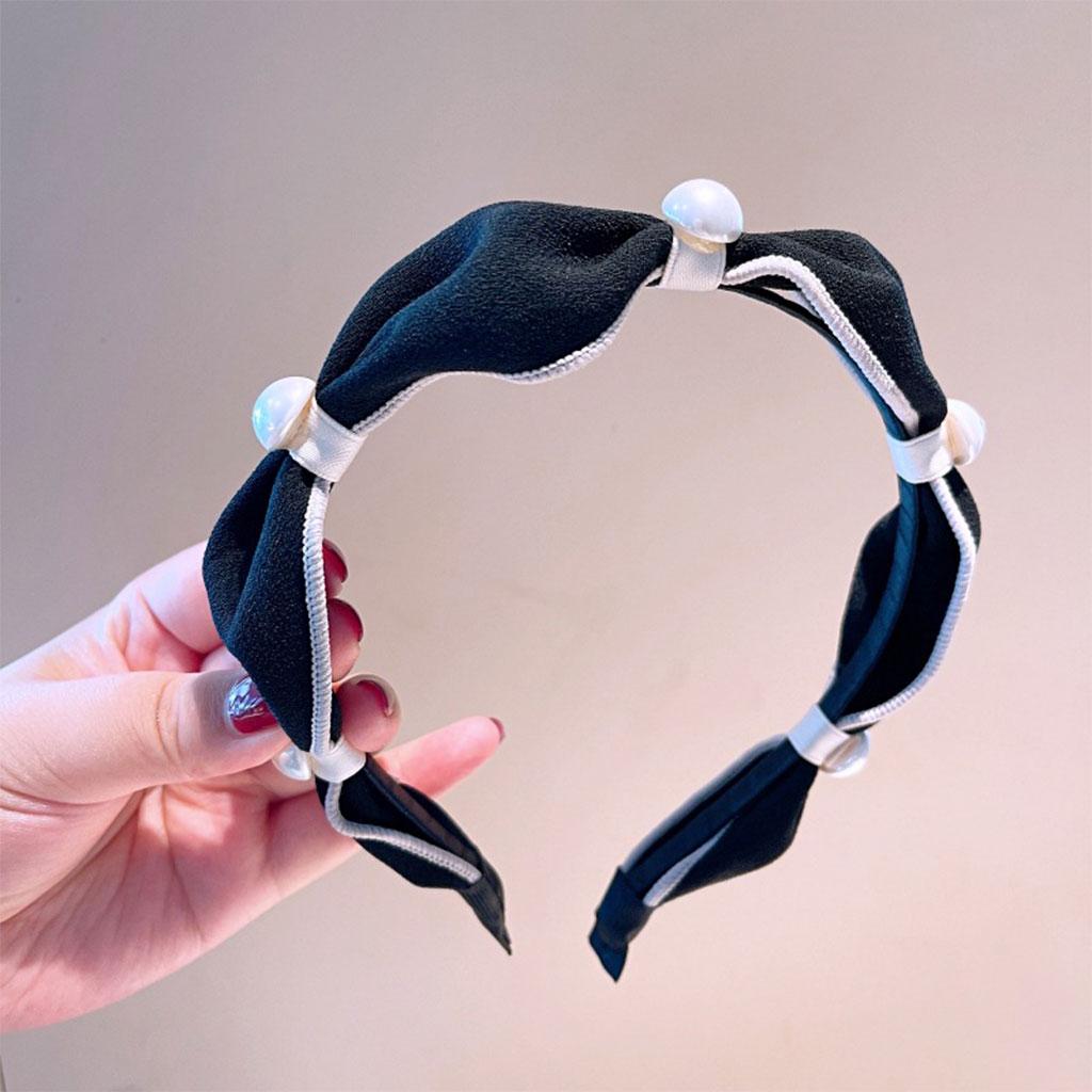 Wide Headband Headwear Bow Pearl Fashion Hair Accessories Hairband Black