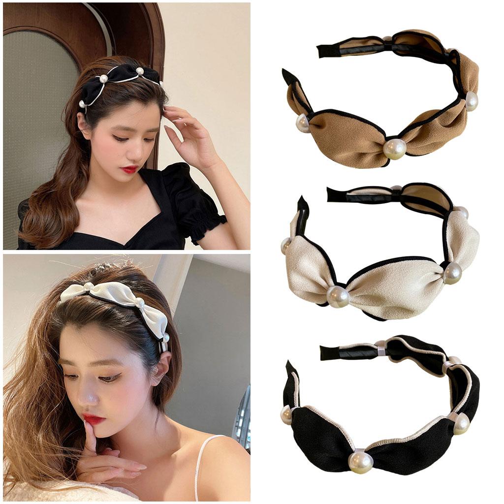 Wide Headband Headwear Bow Pearl Fashion Hair Accessories Hairband Black