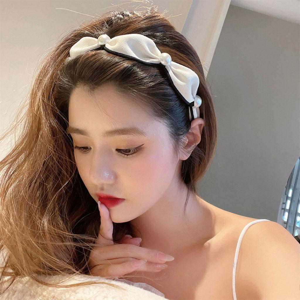 Wide Headband Headwear Bow Pearl Fashion Hair Accessories Hairband White
