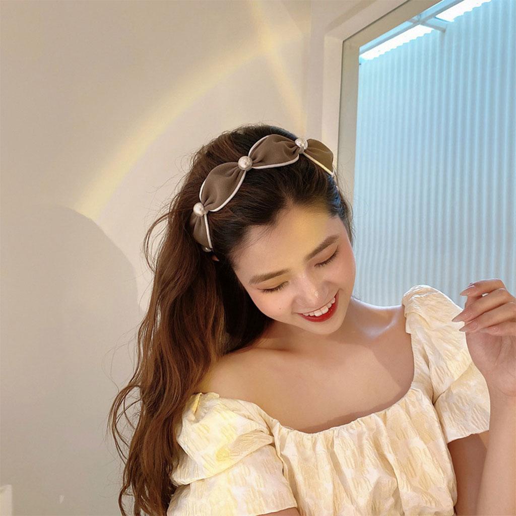 Wide Headband Headwear Bow Pearl Fashion Hair Accessories Hairband Khaki