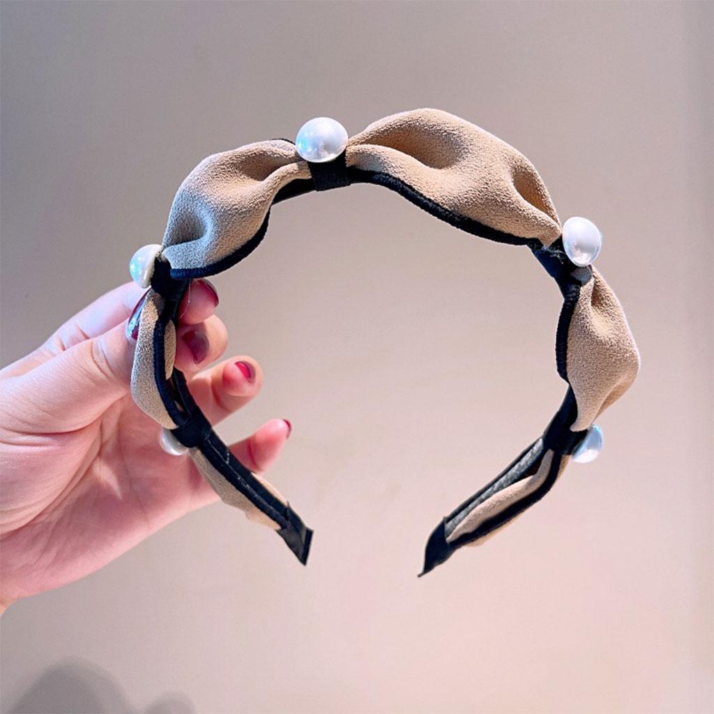 Wide Headband Headwear Bow Pearl Fashion Hair Accessories Hairband Khaki
