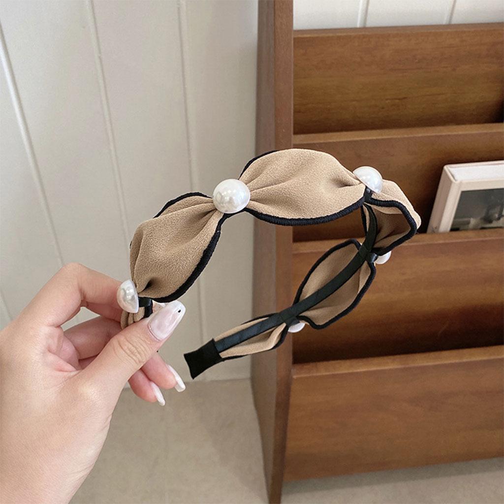 Wide Headband Headwear Bow Pearl Fashion Hair Accessories Hairband Khaki