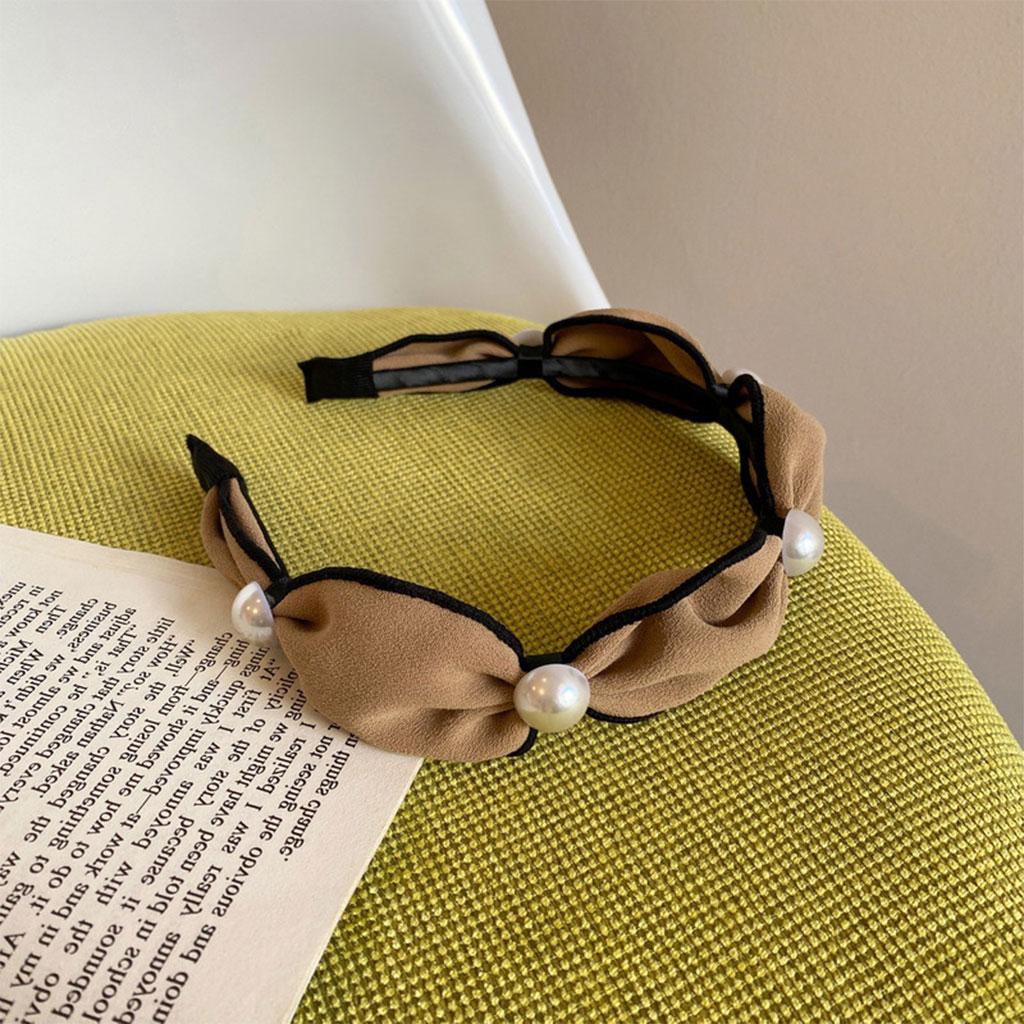 Wide Headband Headwear Bow Pearl Fashion Hair Accessories Hairband Khaki