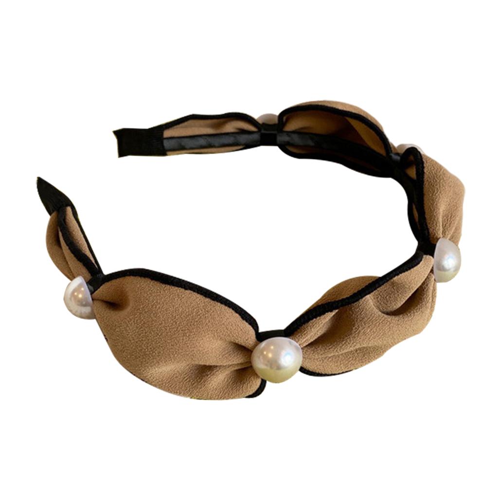 Wide Headband Headwear Bow Pearl Fashion Hair Accessories Hairband Khaki